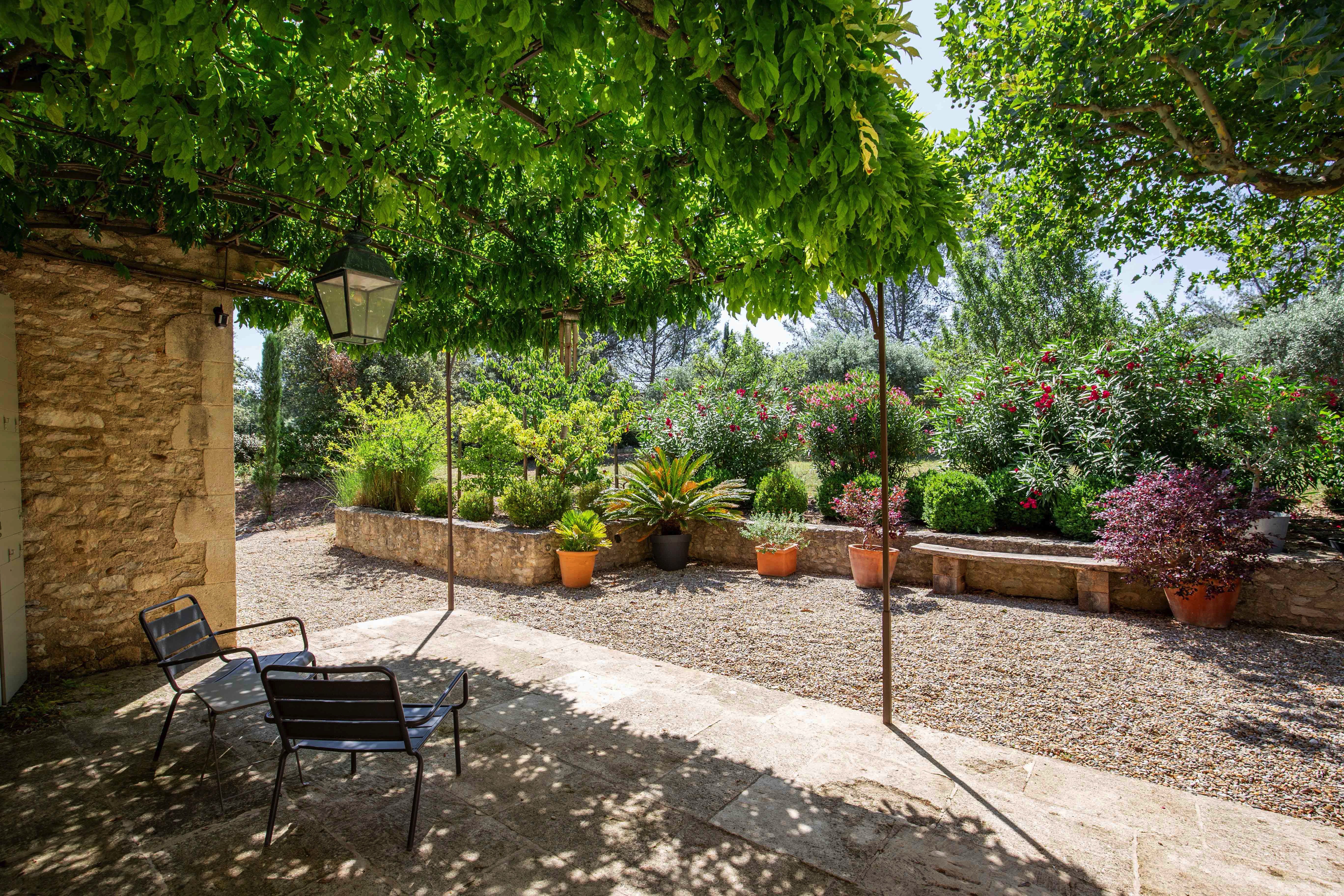 A tranquil garden with a gravel path, flanked by lush green trees and blooming plants in large pots. A metal chair sits under the shade near a stone wall, with a hanging lantern above.